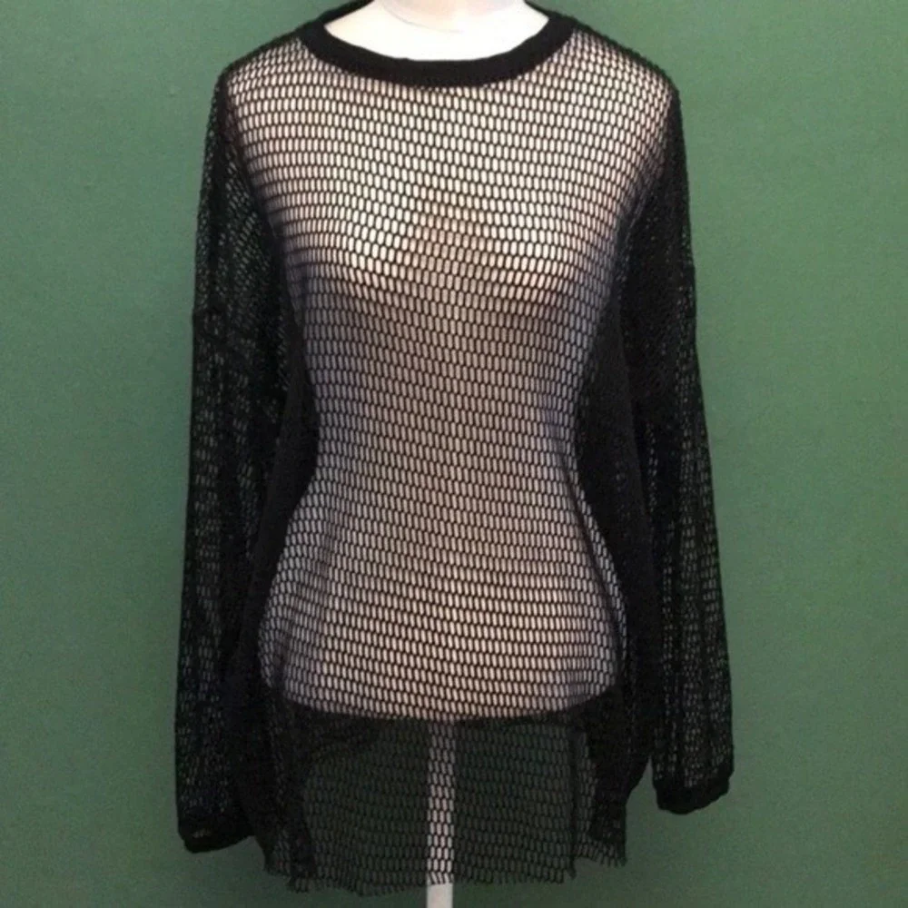 Zara mesh top large black fishnet clubwear goth grunge 80s glam wmns cooling top